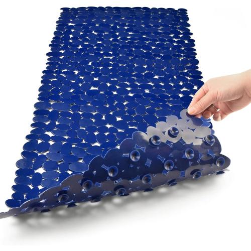 SONGZIMING Bathtub Mat Non Slip Pebble Bath Shower Mat with Drain Holes, Suction Cups Mat for Tub 16 W x 35 L, Navy Blue