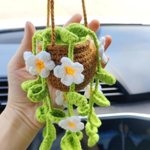 Potted Plants Crochet Rear View Mirror Accessories, Hand Crocheted (Glue Free) Safe Car Hanging Ornament, Cute Car Accessories for Women Interior