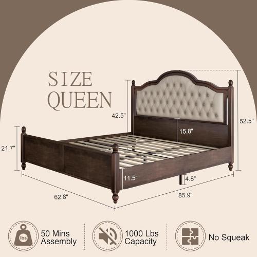 AMERLIFE Size Queen Color brown  Solid Wood Bed Frame Queen Size, Transitional Platform Bed with 52.5 Upholstered Tufted Headboard, Rubberwood/Roman Column Accents/Wood Slat Support/No Box Spring Needed
