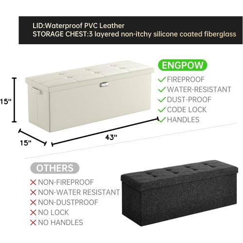 ENGPOW Storage Ottoman, Fireproof Folding Bench with Lock(15”x 43”x15”), Water-Resistant ＆ Heat Insulation Large Storage Chest with Handles＆2 Extra Spaces Safe for Living Room, Bedroom, Home, Beige