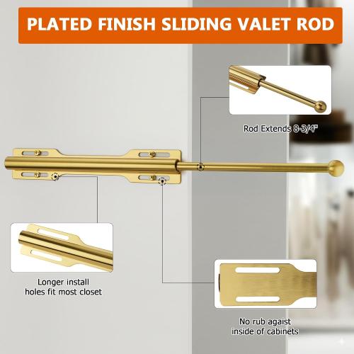 Valet Rod for Closet Pull Out, Rod for Bedroom Laundry Room Bathroom, Brushed Gold