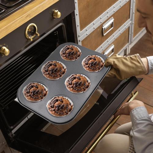 2 Packs Round Muffin Baking Pan, Premium Steel Muffin Pan for Baking, Cupcake Tin Cheesecake Pans, Bakeware Muffin Top Pan (6 Cups,Black)