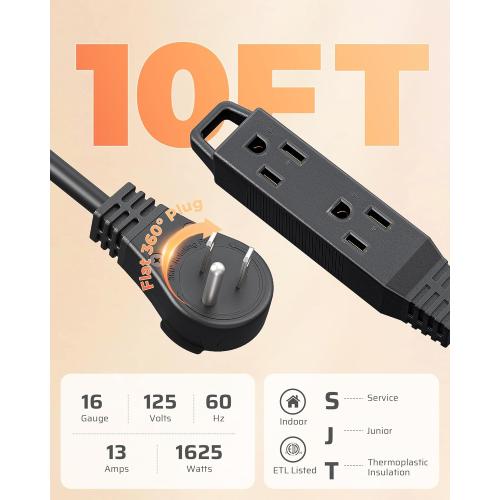 DEWENWILS 360° Rotating Flat Plug Extension Cord, 10FT Extension Cord Rotating Plug, 3 Prong 16/3C Grounded Flat Power Cable for Indoor Narrow Space, 13A/125V/1625W SJT-3, ETL Listed, Black