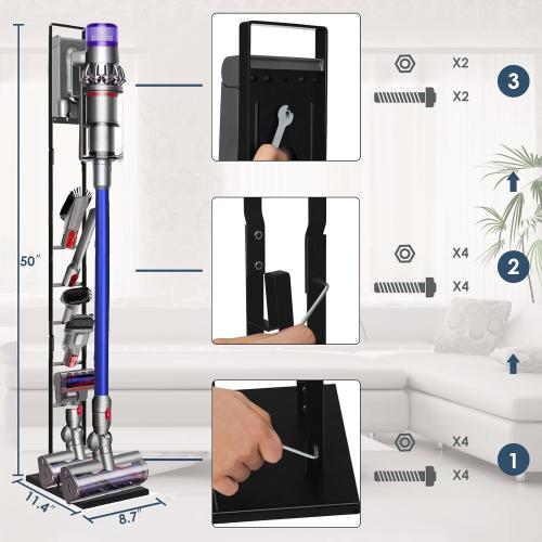 Vacuum Stand for Dyson V6, V7, V8, V10, V11, V12, V15 Cordless Cleaners - Heavy Base Metal Bracket Holder with Trigger Lock, On/Off Control Clamp, Accessory & Attachment Storage