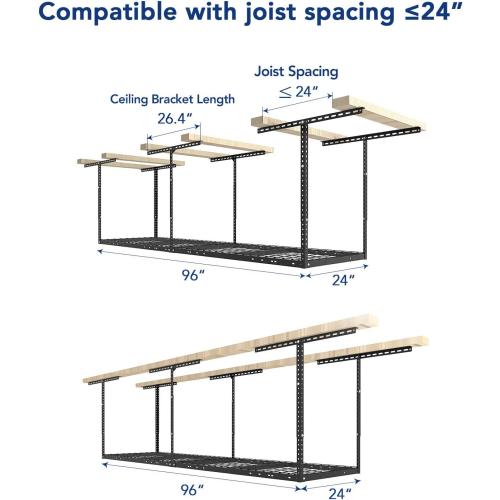 FLEXIMOUNTS 2x8 Garage Storage Rack, Adjustable Overhead Storage Organization System, Heavy Duty Metal Ceiling Rack, 400lbs Weight Capacity, Black, Classic Series