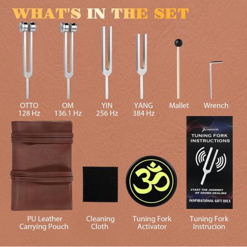 Tuning Forks for Healing(128Hz, 136.1Hz, 256Hz, 384Hz),Weighted & Unweighted Tuning Forks Set with Vegan Leather Pouch &Activator, For Chakra/Sound Therapy/Yoga/Meditation