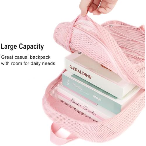 Heavy Duty Mesh Backpack, Semi-transparent Mesh Bookbag,See Through College Backpack with Bungee and Comfort Padded Straps for Commuting, Swimming, Beach, Outdoor Sports (Pink)