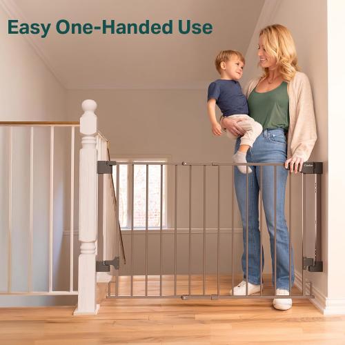 Cumbor 29.2–43 Baby Gate for Stairs, Wall-Mounted (Drill Required), Expandable No Bottom Bar Dog Gate, Auto Close Extra Wide Walk Thru, Pet & Toddler Proof Gate, Top & Bottom of Stairways (Brown)