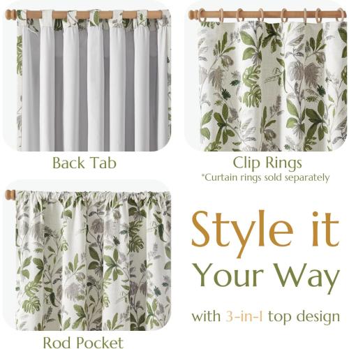 jinchan 100% Blackout Curtains for Bedroom 96 Inches Length Linen Curtains Tropical Green Leaf Print Botanical Window Treatment with Lining for Living Room Farmhouse Country Drapes Set 2 Panels