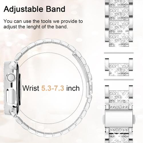 Bling Watch Bands with Bling Case for Women Compatible with Apple Watch Band 40mm Elegant Dressy Jewelry Replacement Metal Link Wristband Protector Cover for iWatch Series 7/8/9 SE Silver