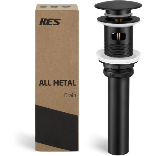 Black KES Bathroom Sink Drain with Overflow Vessel Sink Stopper Pop Up Drain Assembly Matt Black for 1.6-1.9 Sink Hole, All Metal Rustproof Brass and 304 Stainless Steel, S2008A-BK