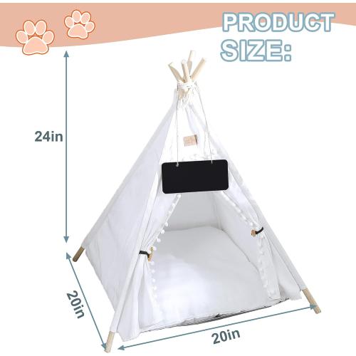 Pet Teepee, Portable Pet Tents for Small Dogs or Cats, Puppy Sweet Bed Washable Dog or Cat Houses with Cushion(White,24in)