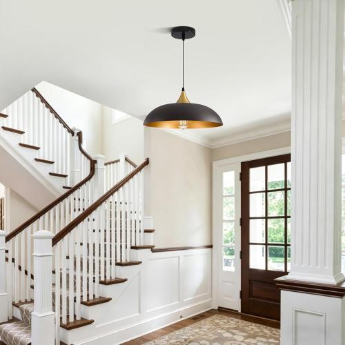 Eustace Oversized 17.8 Gold Accent Pendant Light, Farmhouse Hanging Lamp | Oversized 17.8 Dome pendant light and matte gold interior, adjustable height 10-75 for kitchen island, dining table
