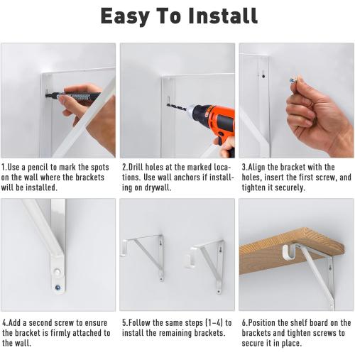 Closet Rod Bracket Heavy Duty Total Up to 300 lbs (6-Pack)- Wall Mounted Shelf Supports for Closet, Garage, Laundry, Rust-Proof Metal with Screws & Anchors, White
