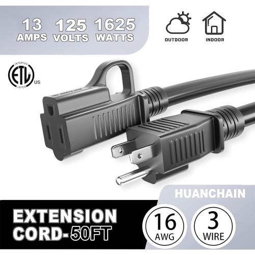 HUANCHAIN Indoor Outdoor Black Extension Cord 50 FT Waterproof 16/3 Gauge | 16 AWG 50 Foot 3 Prong Extension Cord with Hook, Appliance Extension Cord Waterproof with Strap, 13A 1625W SJTW, ETL Listed