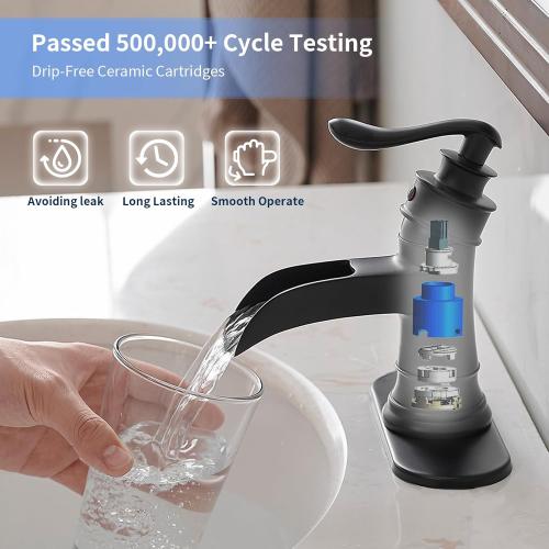 BWE Matte Black Bathroom Faucet, Waterfall Bathroom Faucet Sink Lavatory Single Hole Faucets One Handle Bath Antique with Brass Pop Up Drain Stopper Mixer Tap Overflow Water Supply Line