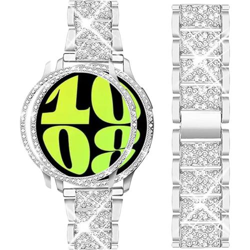 Mosonio Compatible with Samsung Galaxy Watch 8/7/6 Bands 40mm/44mm, 20mm Bling Metal Bands with Bling Protective Cover Case for Women, Shiny Watch Replacement Strap for Daily Wear