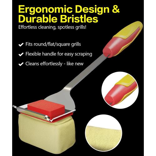 Grill Brush for BBQ, Heavy Duty Stainless Steel Grill Cleaner with 8 Wooden Handle & Scraper, Heat-Resistant Bristles for Gas, Charcoal Grills, Griddles, Oven, Camping Accessories (Red)