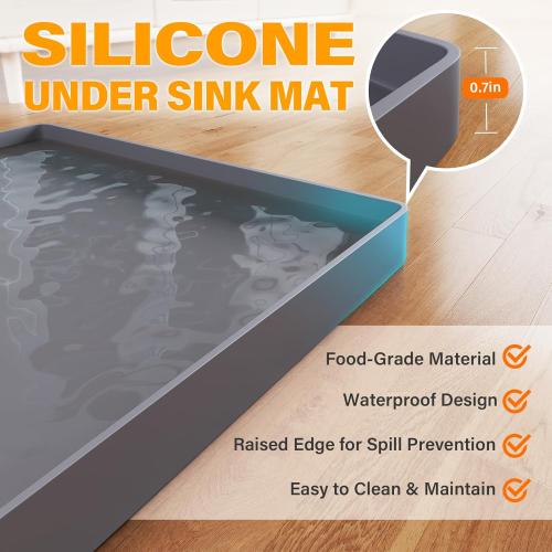 FLATO Waterproof Under Sink Mat 34 x 22 Shelf Liner for Kitchen and Bathroom, Cabinet Protector, Organizers and Storage, Flexible Silicone Drip Tray