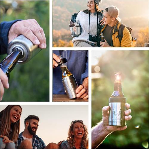 Stainless Steel Beer Cooler With Bottle Opener, Vacuum Insulated Can Cooler 12 oz for Bottles Cans, 4-in-1 Universal Insulator Coozy for Bottles Cans, Beer Gifts for Men (Steel)