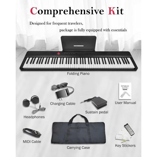 Longeye Foldable Piano Keyboard 88 Key Folding Piano Portable Electric Keyboard Semi Weighted Digital Piano for Beginners with Headphone, Sustain Pedal, Music Rest, Carry Case (Enhanced Sound)