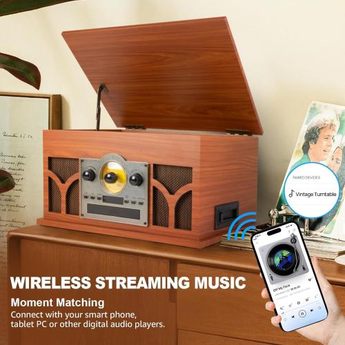 10-in-1 Vinyl Record Player with Built-in Speakers Wireless Playback, CD & Cassette Player, USB Player, AM/FM Radio, 33/45/78 Speed Turntable Mahogany