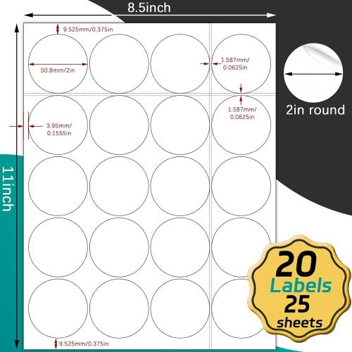 Set of 100 sheets Colemoly Address Labels 2” Round for Laser and Inkjet Printers - 100 Sheets, 20 Labels Per Sheet 2000 Blank Matte White Sticker Paper for Organization, Labeling, Inventory Management, Product Branding