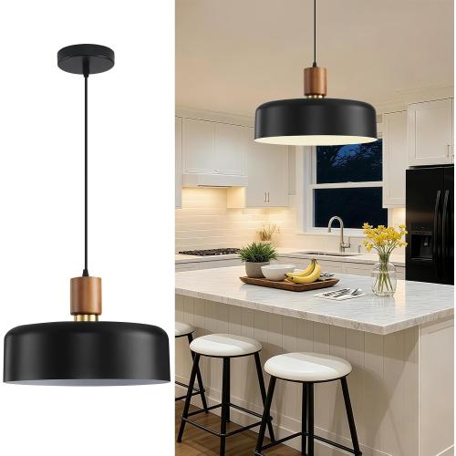 Eustace Large Black Pendant Light, 15.8 Oversized Ceiling Lamp with Oak Wood & Brass