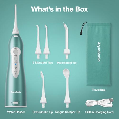 AquaSonic Aqua Flosser PRO - Rechargeable Electric Cordless Water Flosser for Teeth, Gums & Tongue - Waterproof Modern Design, 300ml Large Tank, 3 Modes, 6 Jet Tips, Deluxe Tongue Nozzle - Green