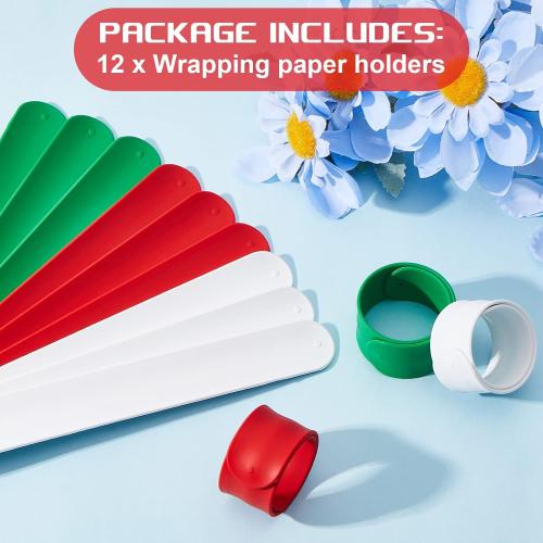 Charniol 12 Pieces Wrapping Paper Roll Holder Holiday Flip Wrap Silicone Covered Metal Strips 1'' x 9'' Stabilizer Slap Band for Christmas Poster Gift Paper Vinyl Storage Organize, White Red Green