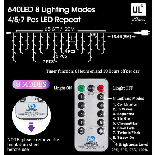 Warm White Christmas Icicle String Lights - 65.6 FT with 120 Drops, 8 Light Modes for Outdoor Decorations - Wedding, Party and More