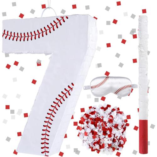 Baseball Birthday Decorations, Baseball Number 7 Piñata with Blindfold Stick Blindfold Confetti for Baseball Pinata Sports Theme 7th Birthday Party Supplies (7TH)