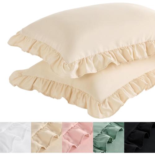Bedsure Ruffle Pillow Cases Standard Size Set of 2, Beige Pillow Shams | 2.7 French Ruffles, Distressed Vintage Shams, Envelope Closure, Double-brushed Microfiber, 20 x 26, Wrinkle Fade Resistant