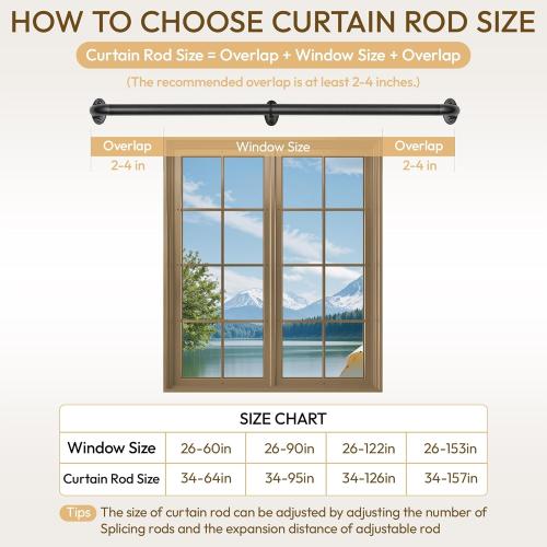 Wrap Around Black Curtain Rod for Windows 48-84 Inch, 1 Inch Heavy Duty Blackout Curtain Rod 34-95 Inches, Adjustable Curved Metal Drapery Rod, Matte Black