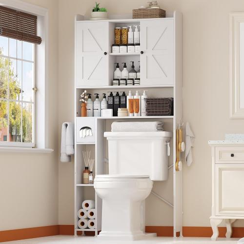 32W Over The Toilet Storage Cabinet with Metal Frame and 7 Storage Shelves, Bathroom Organizer with Adjustable Shelves and Paper Holder, Farmhouse Storage Cabinet for Bathroom, Laundry, White