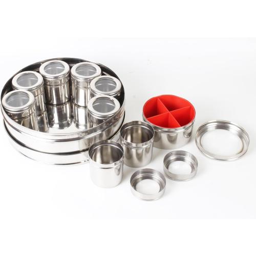 Silver 12 In 1 Stainless Steel Masala Box | Spice Box For Kitchen | Large Masala Dabba with See-Through Lid | Steel Masala Dani 2.5L Spice Organizer with 12 Compartment | 22.5cm