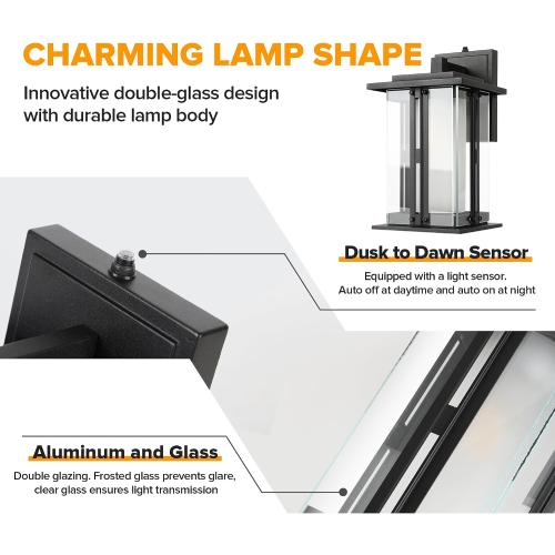 LUTEC 13 Dusk to Dawn Outdoor Wall Sconce, Matte Metal Frame and Double Glazing, Craftsman Style Outdoor Light Fxture with E26 Base, Waterproof Porch Light for Doorway (Pack of 2)