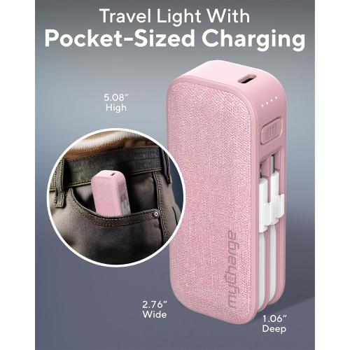 myCharge PowerHub Mini Portable Charger for iPhone - 3000mAh & Built in Cables (Lightning, Type C) 12W Turbo USB C Power Bank Fast Charging Battery Pack (Pink)