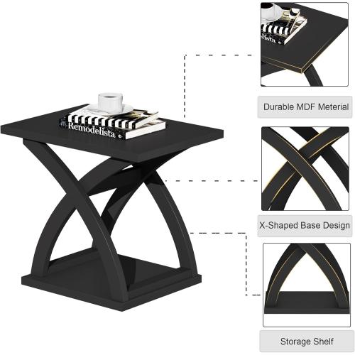 Set of 2 Color Black ChooChoo End Side Table Set of 2, Modern End Table with Storage Shelf, X-Design Side Table Living Room