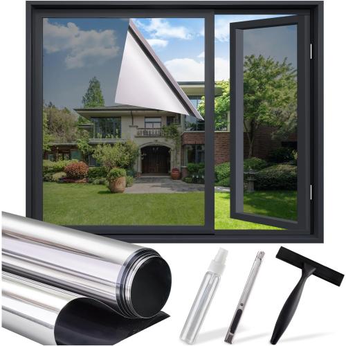 SUNBABY One Way Privacy Film Heat & UV Blocking, Static Cling No Glue Renter Friendly Cover for Home Bedroom, Office & Sliding Glass Door, 35.4 x 78.7 Inch with 3 Tools, Silver