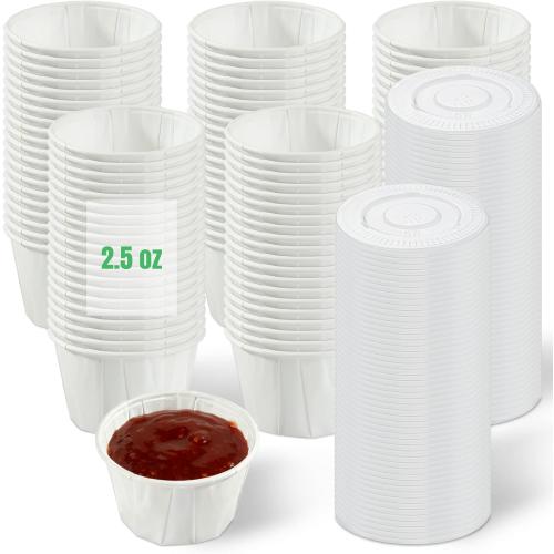 Disposable Sauce Cups 2.5oz,100 Count, Disposable Paper Condiment Cups with Lids, Ketchup Cups for Medication, Pills, Desserts, Samples and Sauce (White)