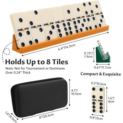 Double 6 Compact Dominos Set for Adults with 28 Tiles 1.6x0.8x0.2 Inches & 4 Silicone Domino Racks 6.3x0.67x0.7 Inches, Classic Board Games with Portable Case for Family Game Nights & Travel