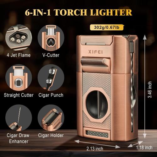 XIFEI 6-in-1 Desktop Lighter, 4 Jet Flame Torch with Straight & V-Cut Cutter, Dual Cigar Punch, Cigar Draw Enhancer, Holder, Refillable Butane Lighter with Gift Box (Bronze)