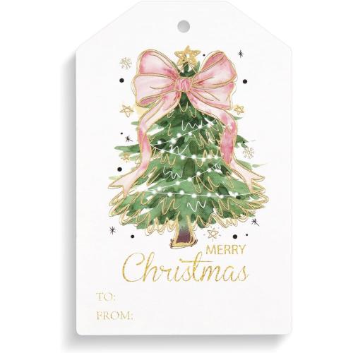 Teling 50 Pcs Christmas Gift Tags with String Pink Bow Merry Christmas Paper Gift Tags Xmas Hanging Label for Happy Holiday for Presents, Modern Paper Xmas Label(Pink Bow)