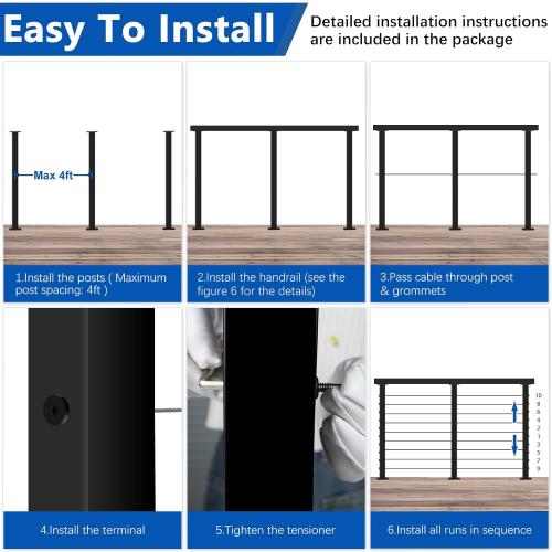 2ft-4ft Complete Set Cable Railing System 36, Black T304 Stainless Steel Cable Railing Posts Kit with Adjustable Handrail Cable Rail, One-Stop Easier for DIY Indoor Outdoor Level Decks