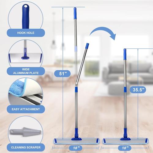 18 Professional Microfiber Mop Floor Cleaning System, Flat Mop with Stainless Steel Handle, 4 Reusable Washable Mop Pads, Wet and Dust Mopping for Hardwood, Vinyl, Laminate, Tile Cleaning
