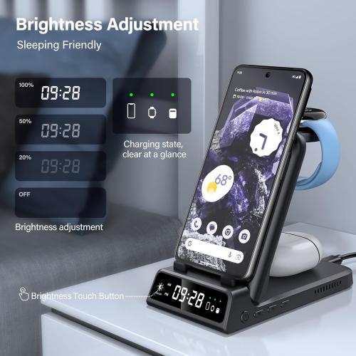 Wireless Charger Stand for Pixel Watch 3/2, 3 in 1 Charging Station for Google Pixel 9a/9 Pro/9/8/7/6/5/4/Samsung/iPhone, Pixel Buds Pro 2, SwanScout 703G2 (No Adapter), (Not for Pixel Watch 4/1)