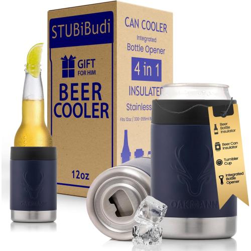 Stainless Steel Beer Cooler With Bottle Opener, Vacuum Insulated Can Cooler 12 oz for Bottles Cans, 4-in-1 Universal Insulator Coozy for Bottles Cans, Best Beer Gifts for Men (Navy)