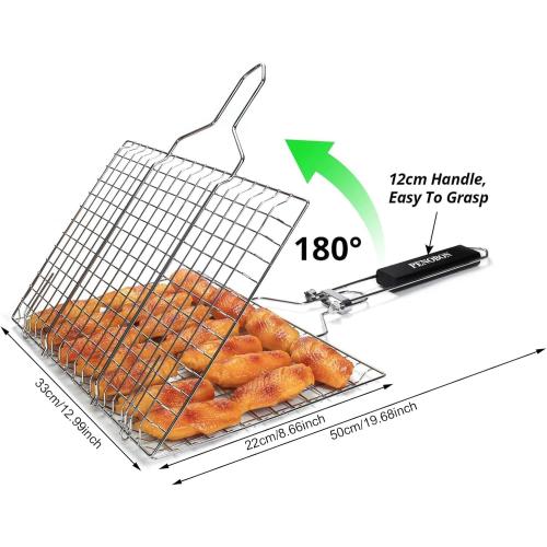 Fish Grilling Basket, Folding Portable Stainless Steel BBQ Grill Basket for Fish Vegetables Shrimp with Removable Handle, Come with Basting Brush and Storage Bag