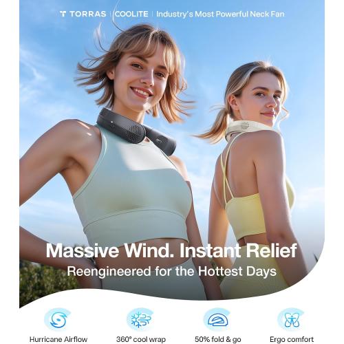 TORRAS COOLiTE Neck Fan, Industry’s Strongest Wind Power, Portable Neck Fan with 14H Battery, 360° Cooling Neck Fan, Lightweight & Foldable Neck Fans for Outdoor, Travel, Gifts for Dad, Women, Black